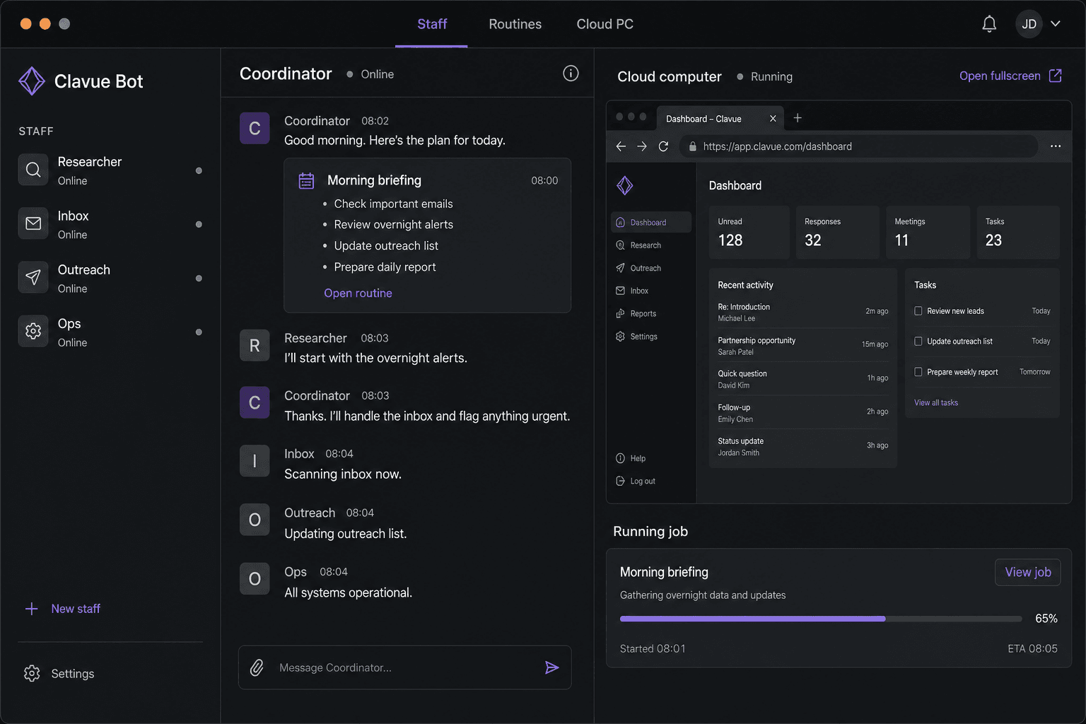 Clavue Bot staff console — roster, coordinator, cloud computer